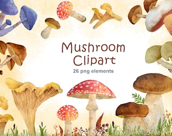 Mushroom clipart, Fall clip art file png, Autumn wood forest printable design, Chanterelle bolete webcap, Thanksgiving watercolor