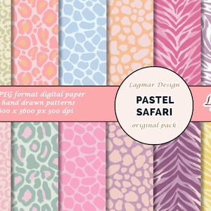 May include: Digital paper pack featuring twelve hand-drawn pastel safari patterns. The designs include animal prints like leopard spots and zebra stripes in soft colors such as pink, blue, and yellow. The text reads "PASTEL SAFARI".