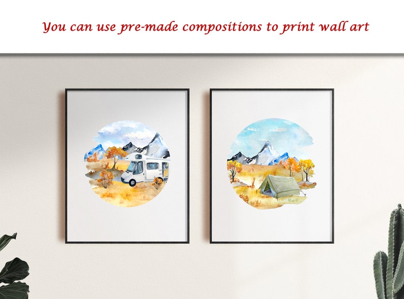 May include: Two framed watercolor paintings of a mountain landscape with a circle around the scene. One painting features a camper van and the other features a green tent.