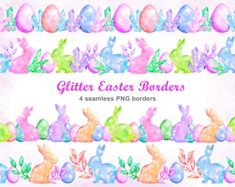 Bordure transparente png de paillettes de Pâques, fichier cadre brillant lapins, oeufs de Pâques scintillants, cristaux scintillants impression aquarelle numérique florale