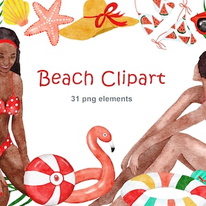 Imágenes prediseñadas de playa de acuarela, clip art náutico de mar de verano, archivos png de mujer afroamericana, cóctel de helado traje de baño fiesta en la piscina de palma