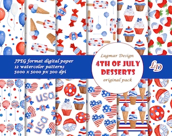 4th of July digital paper / Patriotic Independence Day seamless pattern files / Dessert popsicle cupcake prints