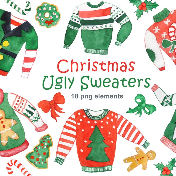 Ugly sweater clipart, Christmas sweater clipart, Party invitation invite, Winter clip art, Watercolor Santa cookies bows candy stick