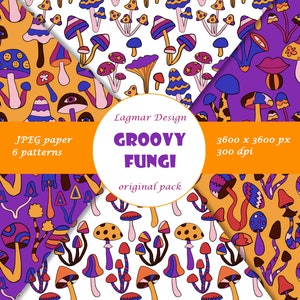May include: Six colourful psychedelic mushroom patterns in a repeating design. The patterns are in shades of purple, orange, yellow, and white. The text "Groovy Fungi" is in the centre of the image.