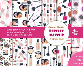 Makeup digital paper, Lipstick seamless pattern files, Cosmetics vanity printables, Beauty fashion fabric print