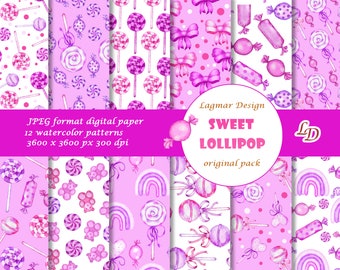 Papier numérique de sucette tourbillon rose, Fichier de motif sans couture de baby shower pour fille, Bonbons pastel, Impression de tissu arc-en-ciel, Fond d’arc aquarelle