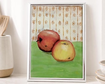 Peinture à l'huile originale représentant deux pommes. Décoration murale pour la cuisine sur papier entoilé, nature morte de fruits moderne