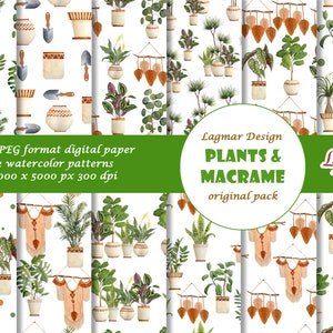 May include: Twelve digital paper patterns featuring watercolor illustrations of plants in pots and macrame wall hangings. The patterns are seamless and repeat. The background is white.