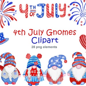 Gnomes patriotiques png clipart, imprimables de la fête de l'indépendance, fichiers d'art clip du 4 juillet, aquarelle numérique