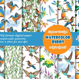Carta digitale per uccelli, Martin pescatore gruccione senza cuciture, Acquerello fiori salice, Stampa floreale in tessuto forestale