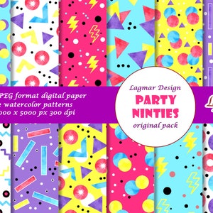 80s & 90s digital paper, Memphis neon digital paper, Retro seamless pattern files, 90s fabric abstract purple print background