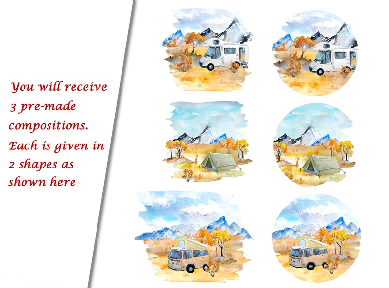 May include: Three watercolor illustrations of a camper van and a tent in a mountain landscape. The illustrations are in two shapes: a circle and a freeform shape. The illustrations are in a muted color palette of blues, greens, and browns.