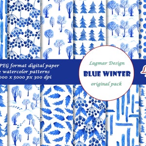 May include: Twelve digital paper patterns featuring blue watercolor designs. The patterns include trees, berries, leaves, stripes, and polka dots on a white background. The text "JPEG format digital paper 12 watercolor patterns 5000 x 5000 px 300 dpi" and "Lagmar Design BLUE WINTER original pack" is also included.