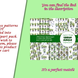 Op de afbeelding: Een set van 12 digitale papierpatronen met aquarel illustraties van planten in potten. De patronen zijn naadloos en zijn 5000 x 5000 pixels groot. De tekst "Lagmar Design Urban Jungle Original Pack" is in de afbeelding opgenomen.