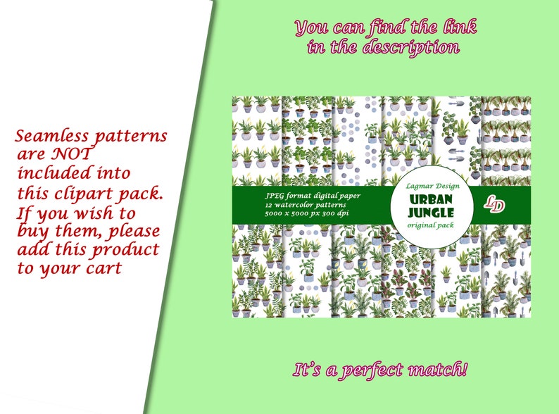 Op de afbeelding: Een set van 12 digitale papierpatronen met aquarel illustraties van planten in potten. De patronen zijn naadloos en zijn 5000 x 5000 pixels groot. De tekst "Lagmar Design Urban Jungle Original Pack" is in de afbeelding opgenomen.