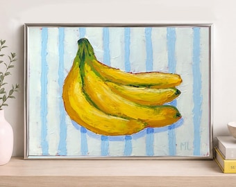 Peinture à l'huile originale bananes rayures bleues. Décoration murale de cuisine sur papier toile, nature morte moderne