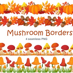 Wald Pilz nahtlose PNG Rand, Herbst Herbst Blätter Beeren Datei, Sublimationsdruck rote Pilze Gras, Thanksgiving Design