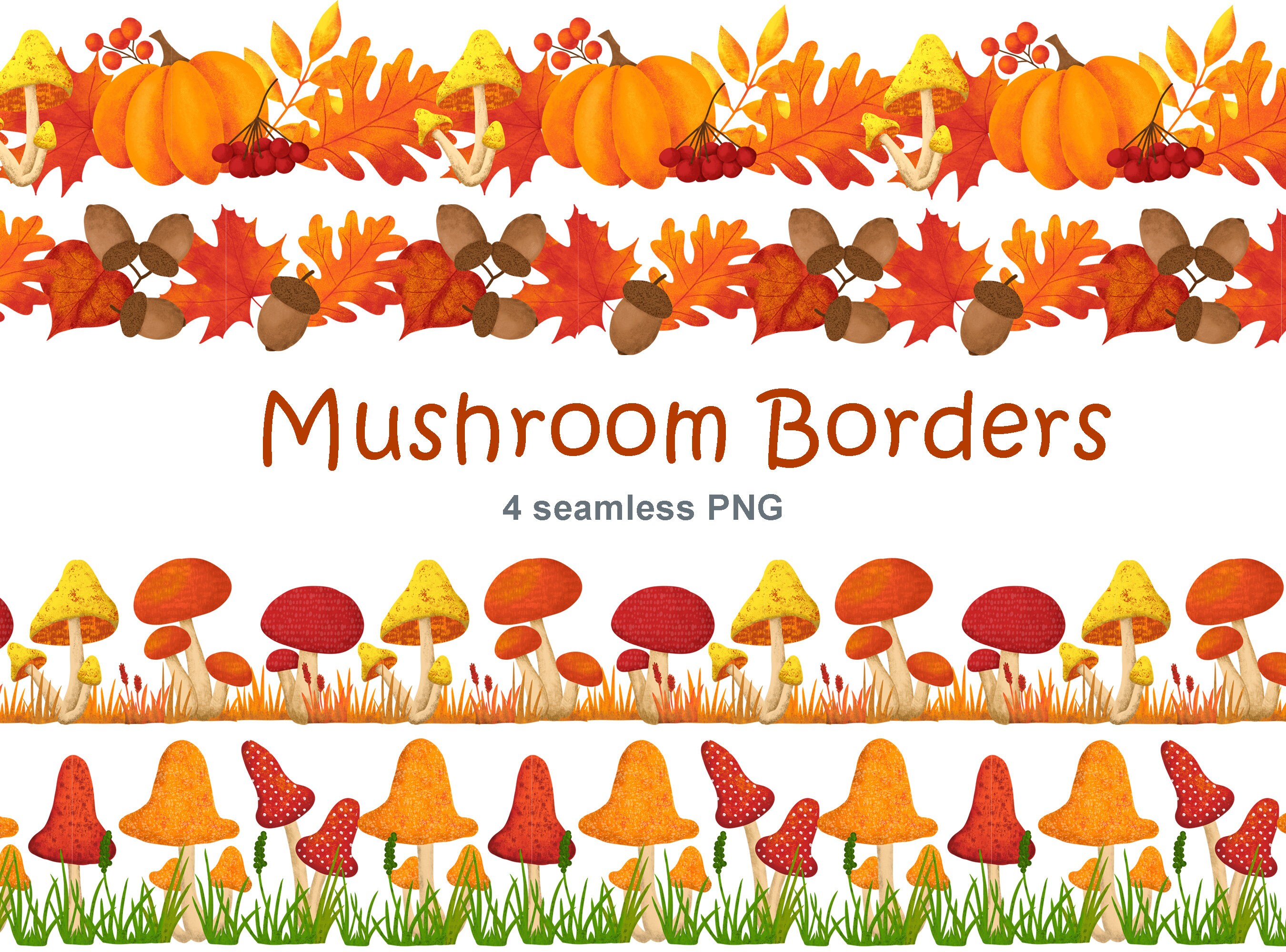 Forest mushroom seamless PNG border, Fall autumn leaves berries file, Red fungi grass sublimation print, Thanksgiving design