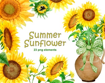 Watercolor sunflower clipart / Sunflower png files / Wedding invitation clipart / Summer floral digital download