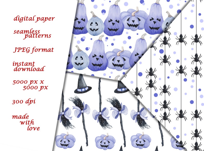 Pastel Blue Halloween Digital Paper, Fall Seamless Pattern Files, Cute ...