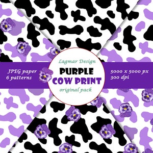 Archivo de patrón sin costuras con estampado de vaca en color morado pastel, papel digital Pansy, papel digital de verano, descarga de acuarela para baby shower, tela con estampado de vaca