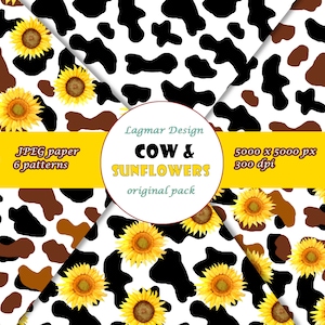 May include: Six digital paper patterns featuring a cow print background with yellow sunflowers. The text "COW & SUNFLOWERS original pack" is in a circle with a teal background. The text "JPEG paper 6 patterns" is in a yellow rectangle. The text "5000 x 5000 px 300 dpi" is in a yellow rectangle. The text "LD" is in a yellow rectangle.
