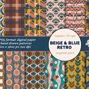 May include: A set of 12 digital paper patterns in beige, blue, and brown colours. The patterns are retro-inspired and feature geometric shapes, floral designs, and abstract lines. The patterns are 3600 x 3600 pixels and 300 dpi.