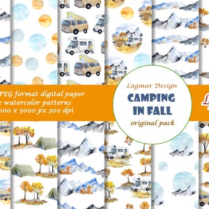 Herbst Landschaft Berge Digitales Papier, Camping Digitales Papier, Anhänger Camper nahtlose Muster Datei, Outdoor Herbst Natur Reise