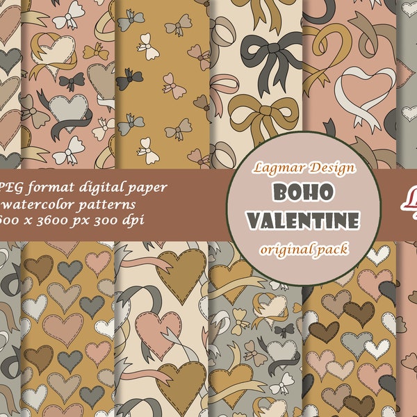 Boho Valentine digital paper, Heart seamless pattern file, Gender neutral fabric print, Bow ribbon sewing craft design, Valentines love