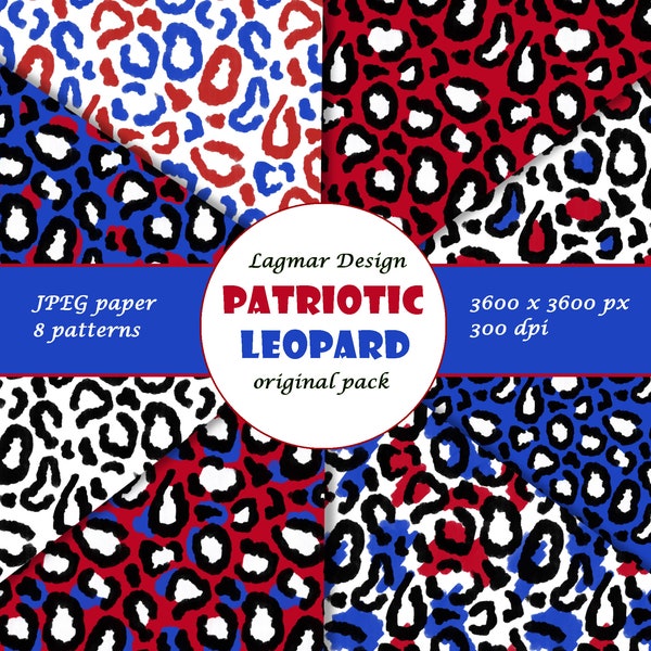 Patriotic leopard seamless pattern file, 4th of July cheetah digital paper, Independence day animal print for fabric, Black red blue white