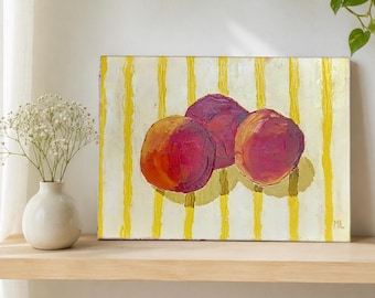 Original Oil Painting Peaches with Stripes in Kitchen. Wall Art on Canvas Paper, Modern Still Life