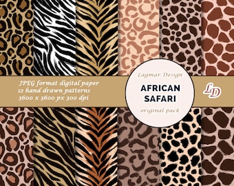 Papier numérique Safari africain, motifs sans couture imprimés animaliers / girafe zèbre tigre guépard léopard / fichier animal sauvage de zoo