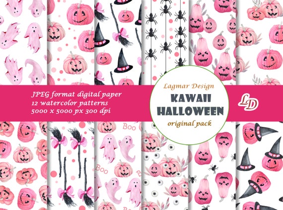 Kawaii Halloween Digital Paper Cute Pink Seamless Pattern | Etsy