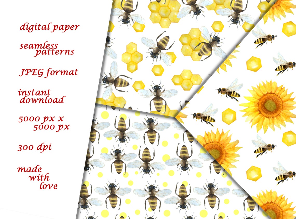 Bee Digital Paper, Honey Sunflower Seamless Pattern File, Bumble Bee ...