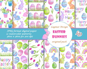 Papier numérique lapins de Pâques, fichier de motifs sans couture arc-en-ciel, fond d’œufs de Pâques, imprimé floral de fleurs
