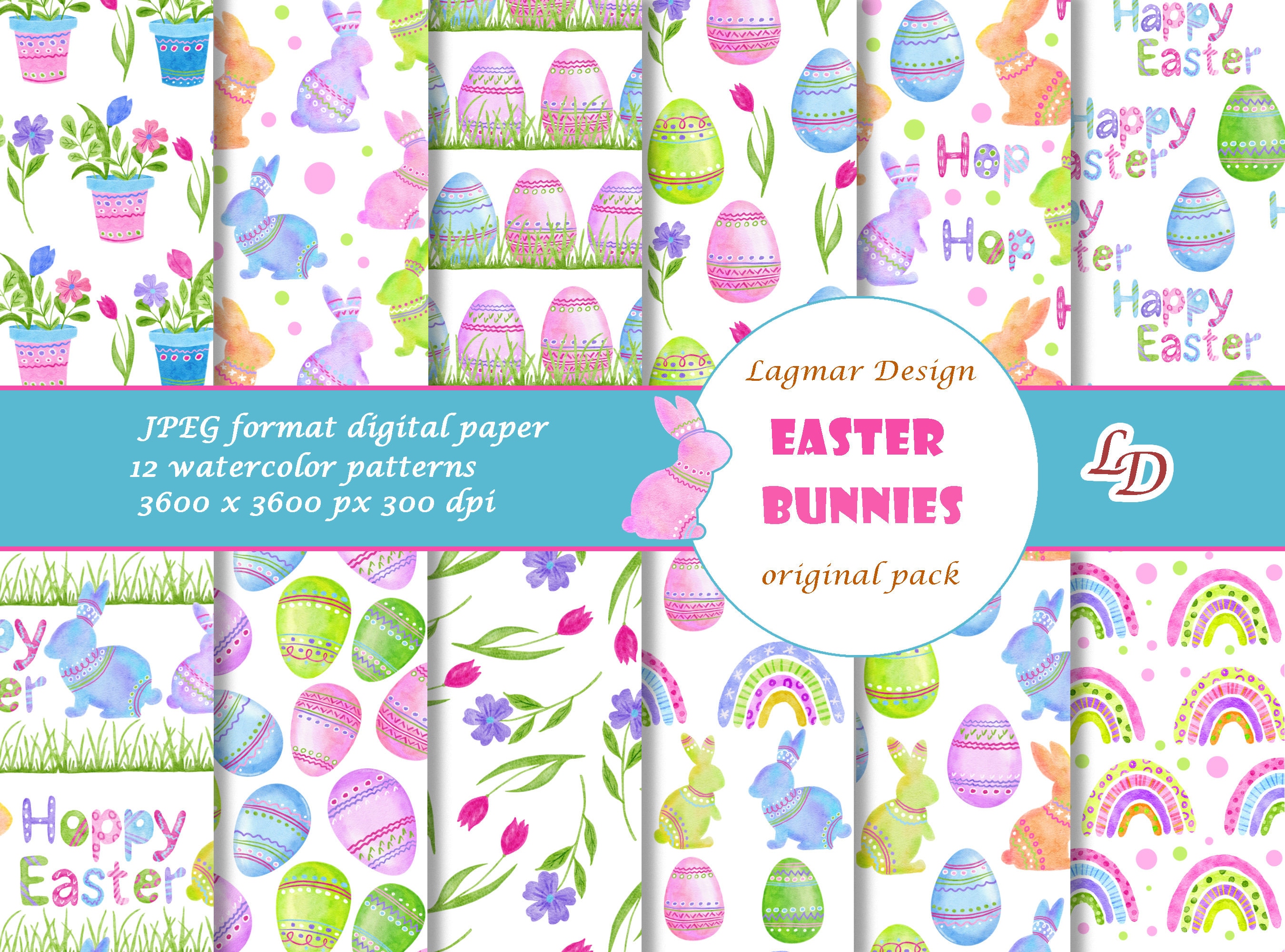 Easter Bunnies Digital Paper, Rainbow Seamless Pattern File, Easter ...
