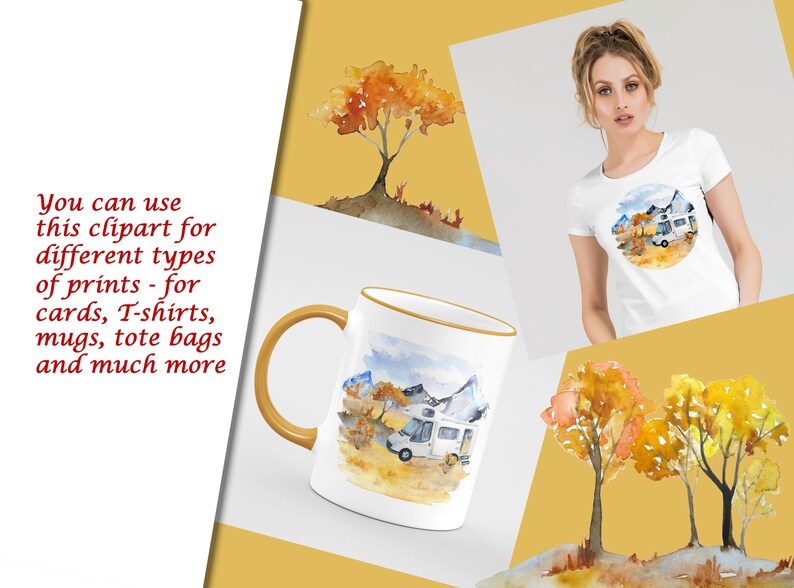 May include: A watercolor illustration of a camper van driving through a mountain landscape with fall foliage. The illustration is on a white mug with a gold rim.