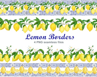 Lemon seamless border PNG, Summer frame file, Citrus fruit wedding, Azulejo Portuguese tiles decor, Spanish Andalusian blue white print