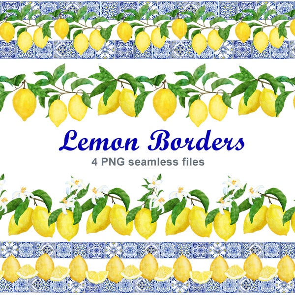 Lemon seamless border PNG, Summer frame file, Citrus fruit wedding, Azulejo Portuguese tiles decor, Spanish Andalusian blue white print