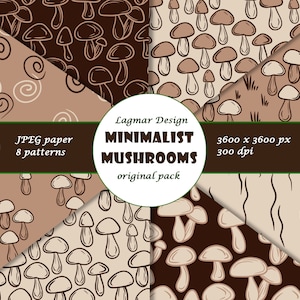 May include: A set of eight digital paper patterns featuring minimalist mushroom illustrations in brown and beige. The patterns are seamless and can be used for a variety of projects, such as scrapbooking, card making, and digital design.