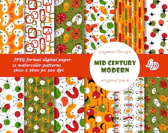 Mid Century Modern Digitales Papier, 50er 60er Nahtlos Muster Datei, Abstrakte geometrische Retro Hintergrund, Vintage Boho Atomic Age Druck