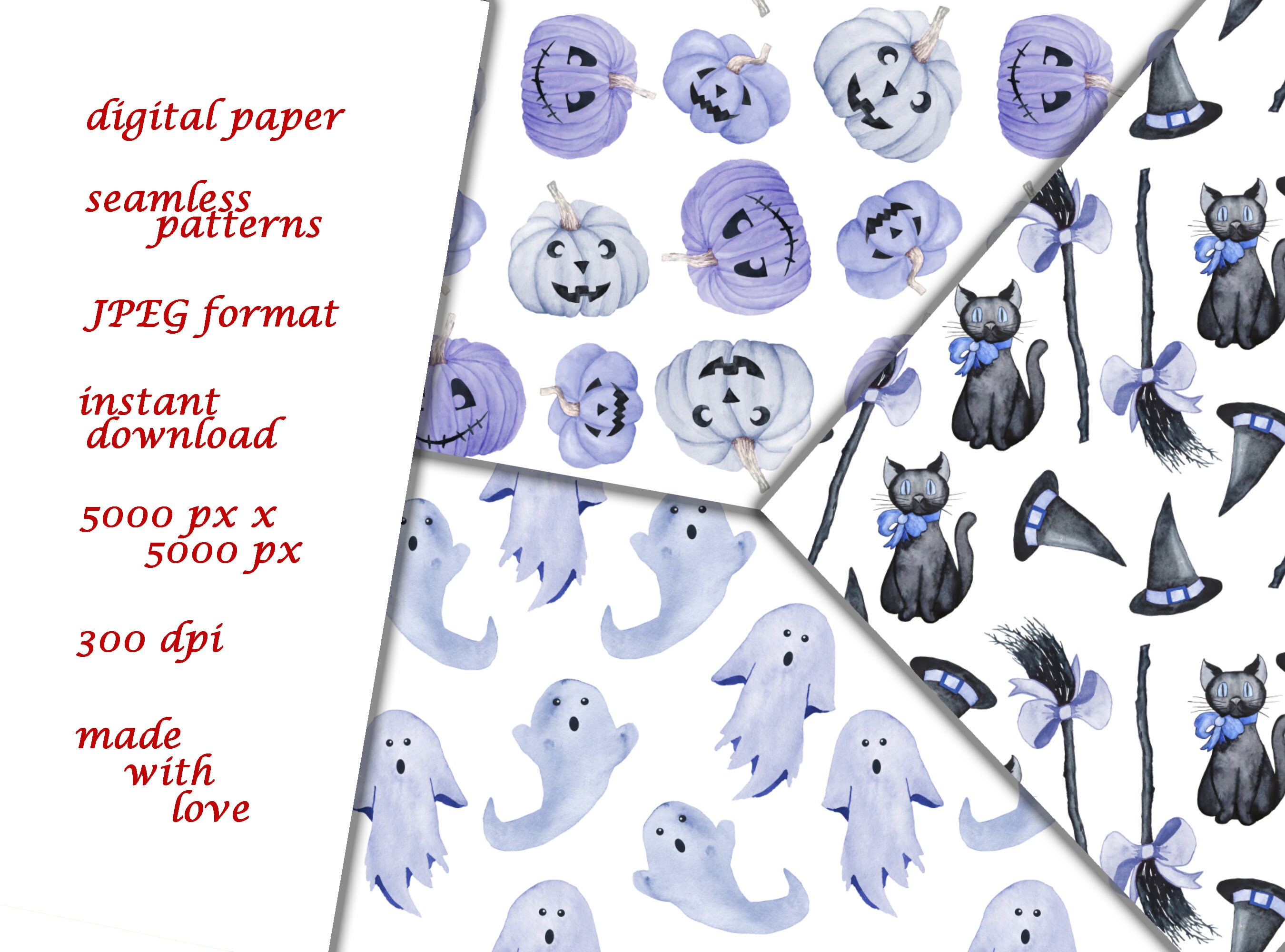 Pastel Blue Halloween Digital Paper, Fall Seamless Pattern Files, Cute ...