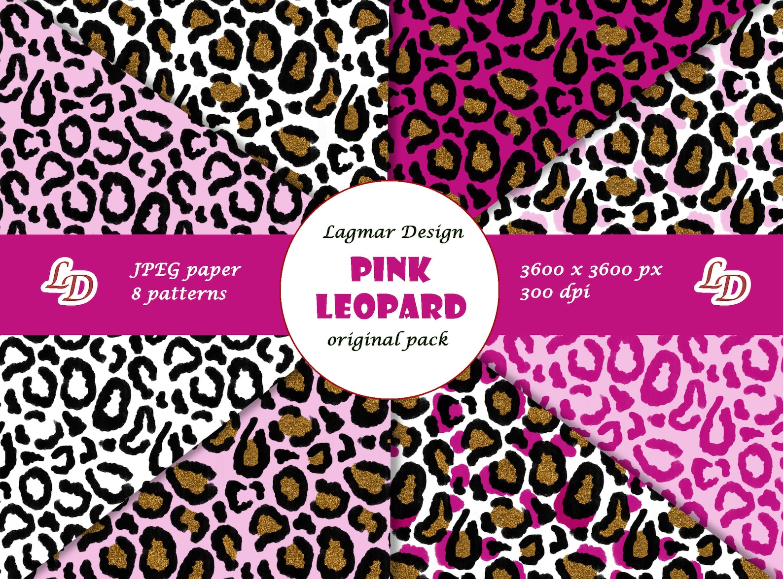 Pink Leopard Seamless Pattern File, Gold Glitter Cheetah Digital Paper ...