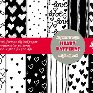 Może przedstawiać: Zestaw 12 cyfrowych wzorów papieru w czarno-białym kolorze z sercami, paskami, kropkami i słowem "love" w stylu odręcznym. Wzory mają rozmiar 3600 x 3600 pikseli i rozdzielczość 300 dpi.