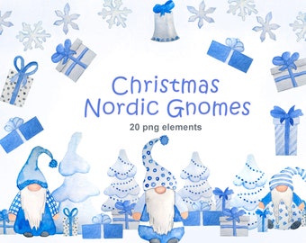 May include: Blue and white watercolor Christmas gnomes with presents, trees, and snowflakes.  20 png elements.