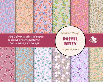 Papier numérique ditsy pastel, fichier de motif floral sans couture, impression de tissu de mariage bouquet de fleurs, art rétro vintage shabby chic