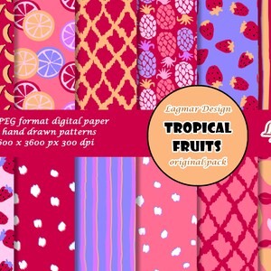 Sommer Obst Digitales Papier, Tropische Nahtlose Musterdatei, 90er trendiger Stoffdruck, Banane Zitrone Zitronen Zitrone Apfel Ananas, Rot pink blau