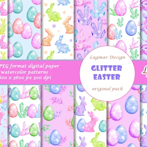 Easter glitter digital paper, Shiny bunnies seamless pattern file, Sparkly Easter eggs background, Shimmer crystals floral print
