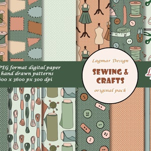 May include: A set of 12 digital paper patterns featuring sewing and craft themes. The patterns include images of thread, buttons, scissors, spools of thread, and sewing tools. The patterns are in a green, brown, and pink color scheme. JPEG format digital paper 12 hand drawn patterns 3600 x 3600 px 300 dpi Lagmar Design SEWING & CRAFTS original pack LD