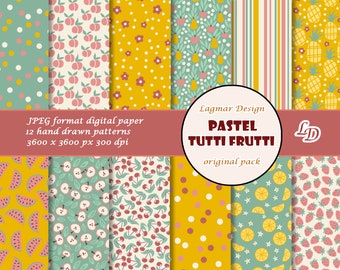 Papier numérique de fruits pastel, fichier de modèle sans couture de jardin d'été, album imprimable Tutti frutti, pomme ananas poire fraise cerise
